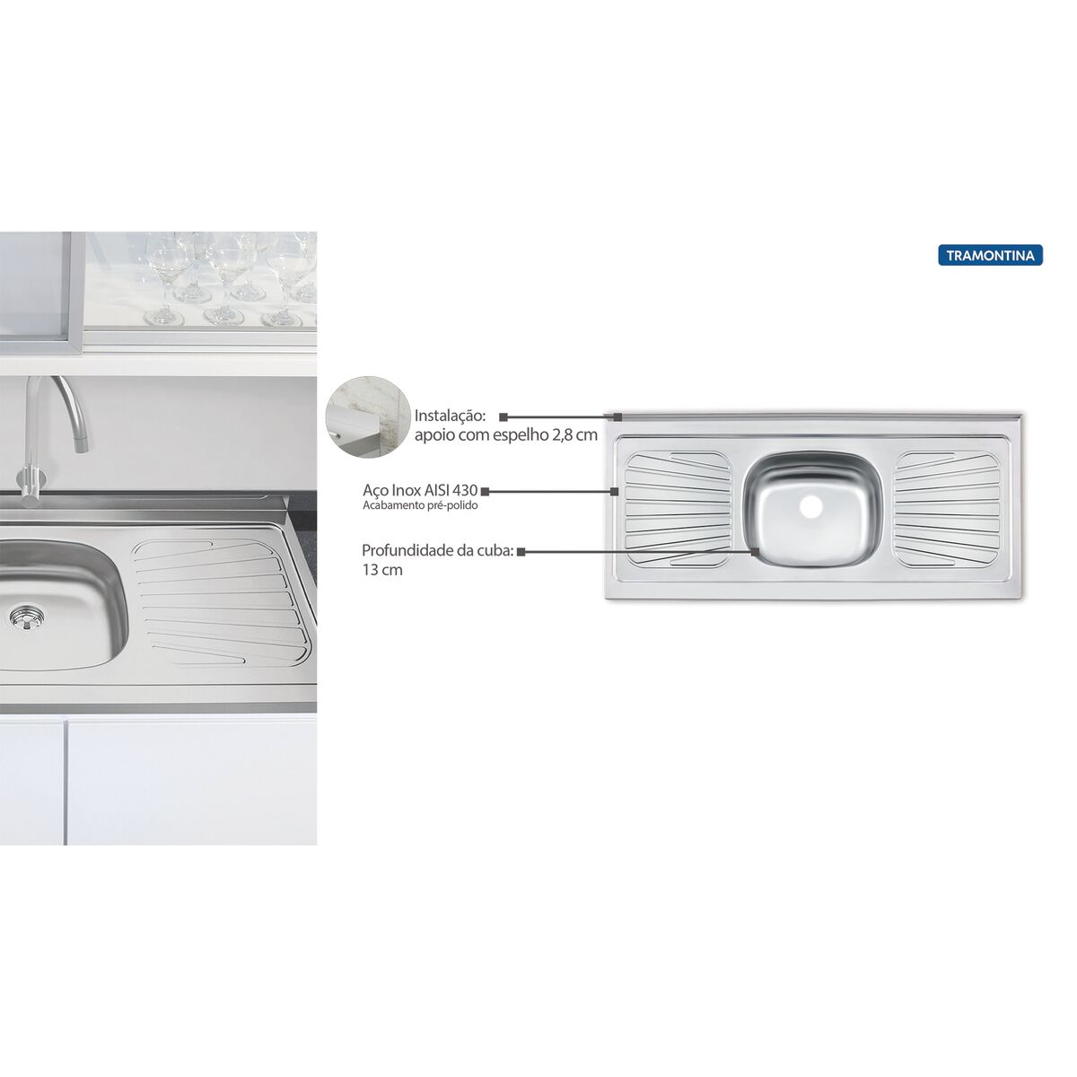 Pia de apoio Tramontina New Raggi 40 em a&ccedil;o inox 120x52 cm - SKU 93041526 - 2 image number 1