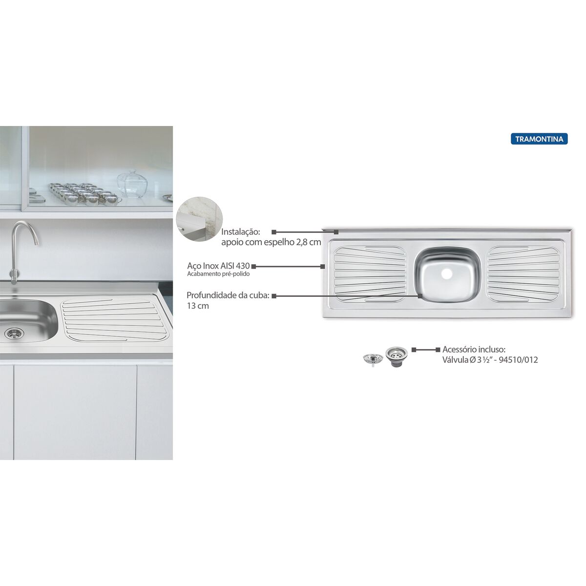 Pia de apoio Tramontina New Raggi 40 em a&ccedil;o inox 150x52 cm - SKU 93042526 - 2 image number 1