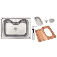 Tramontina 69 x 49 cm satin-finish stainless steel inset sink with valve, soap dispenser, board and strainer.
