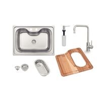 Tramontina 69 x 49 cm satin-finish stainless steel inset sink with mixer faucet, valve, soap dispenser, board and strainer