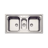 Tramontina 100 x 50 cm satin-finished stainless steel double inset sink with extra half-bowl with valve