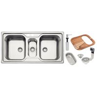 Tramontina 100 x 50 cm satin-finished stainless steel double inset sink with extra half-bowl with valve, soap dispenser, cutting board and strainer