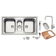 Tramontina's Prime Line 100x50cm Marea 2.5C 34 Satin-finished Stainless Steel with Valve, Faucet Mixer, Soap dispenser, Cutting Board and Colander