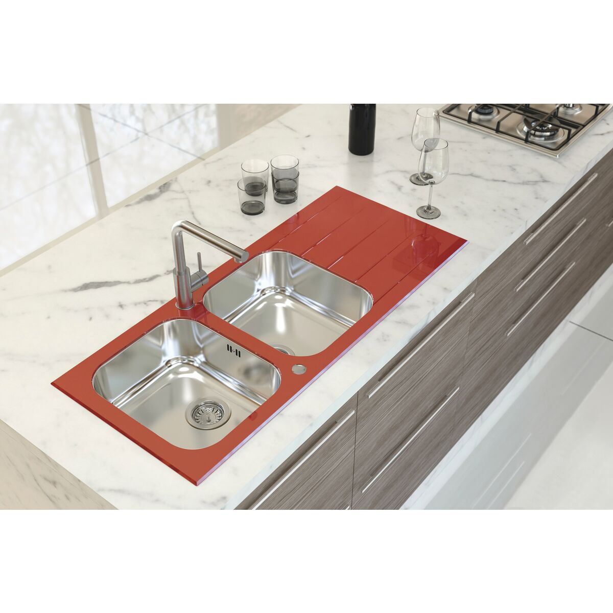 Fregadero de empotrar Tramontina 2 cubetas de acero inoxidable y vidrio
