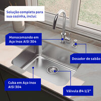 Cuba de Embutir Tramontina Dora 50 BL R6 50x40 em A&ccedil;o Inox Escovado com Monocomando e Dosador - SKU 94018162 - 2 image number 1