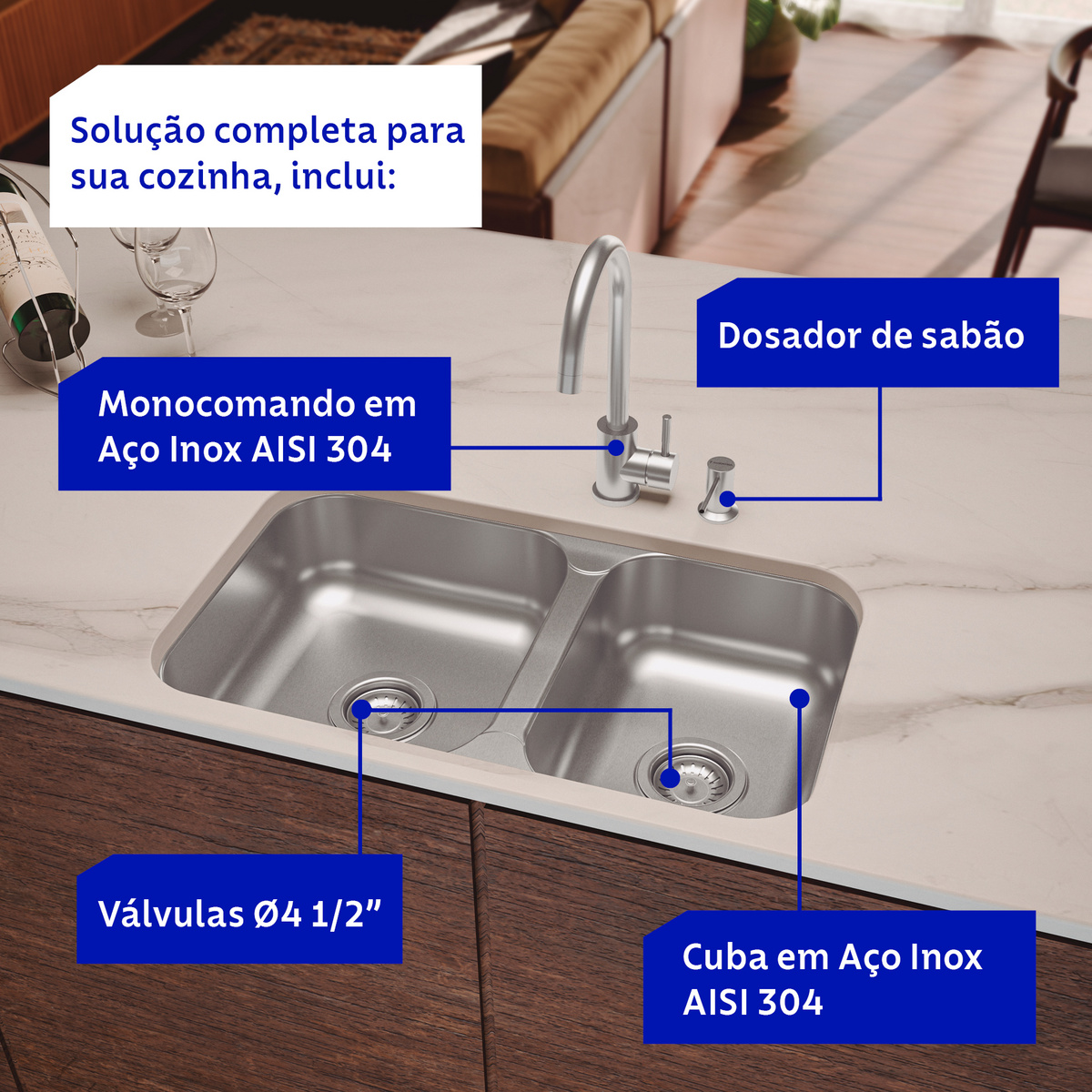 Cuba Tramontina Isis 2C 34-28 BS em A&ccedil;o Inox escovado com 2 Cubas com Monocomando e Dosador de Sab&atilde;o - SKU 94062162 - 2 image number 1