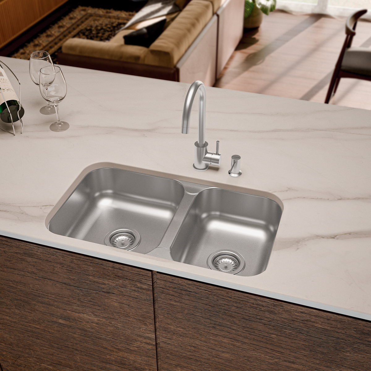 Cuba Tramontina Isis 2C 34-28 BS em A&ccedil;o Inox escovado com 2 Cubas com Monocomando e Dosador de Sab&atilde;o - SKU 94062162 - 3 image number 2