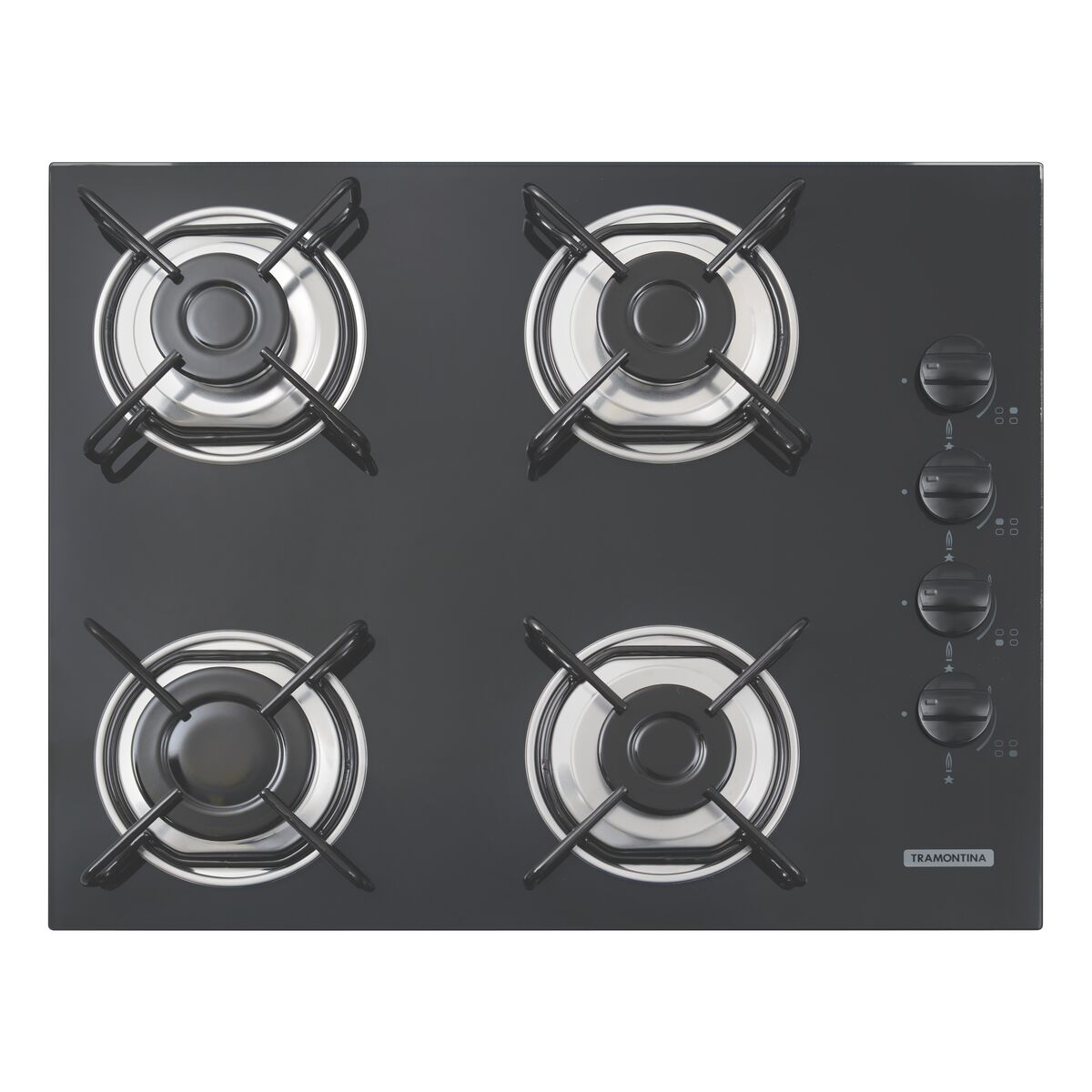 Tramontina gas cooktop in black tempered glass with carbon steel trivets, Super Automatic switch-on, and 4 burners