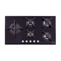 Tramontina Design Collection Penta Glass Flat 5GG 90 Safestop black tempered glass gas cooktop with cast iron trivets, auto spark and 5 burners