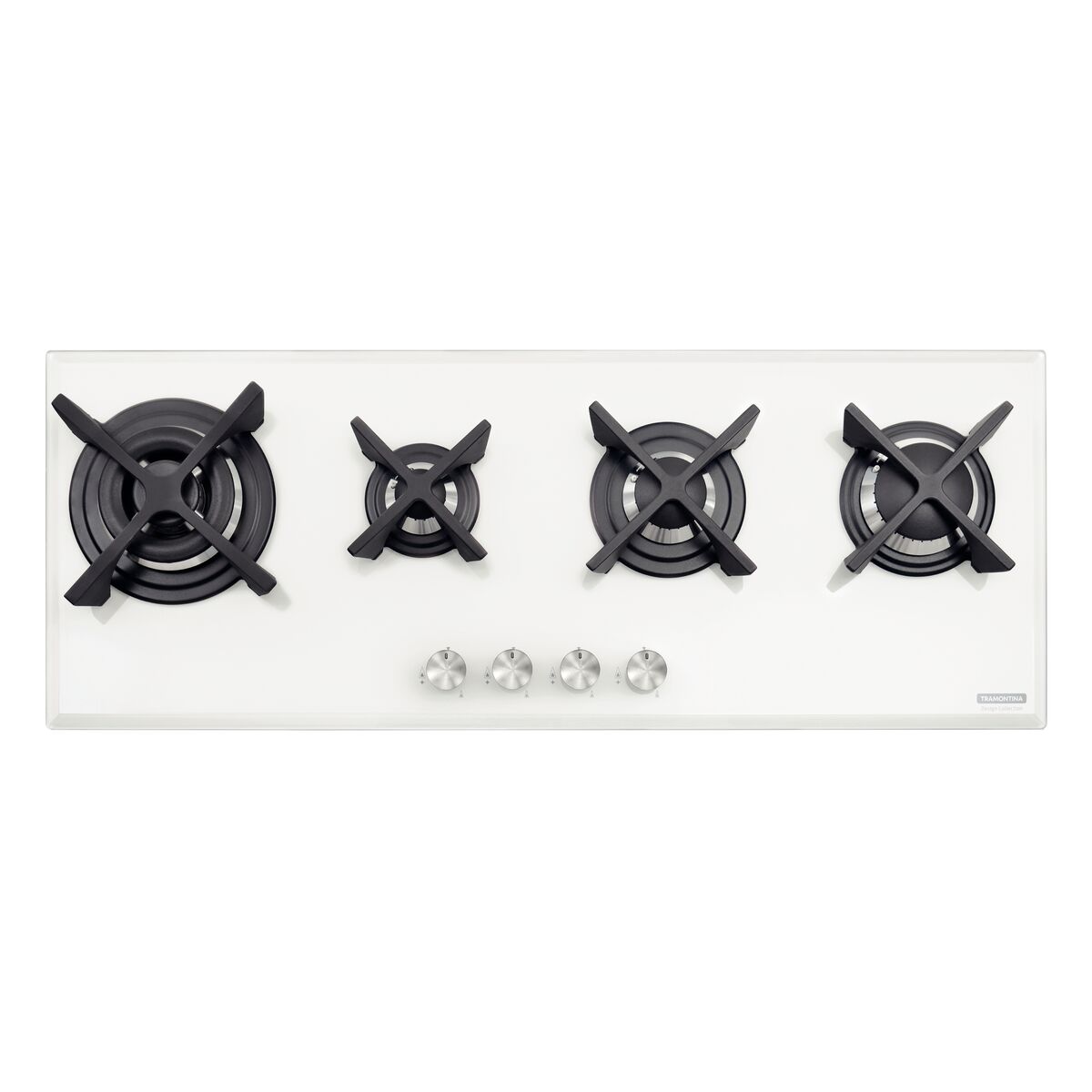 Tramontina Design Collection Prime Linear white tempered glass gas cooktop with cast iron trivets, auto spark and 4 burners