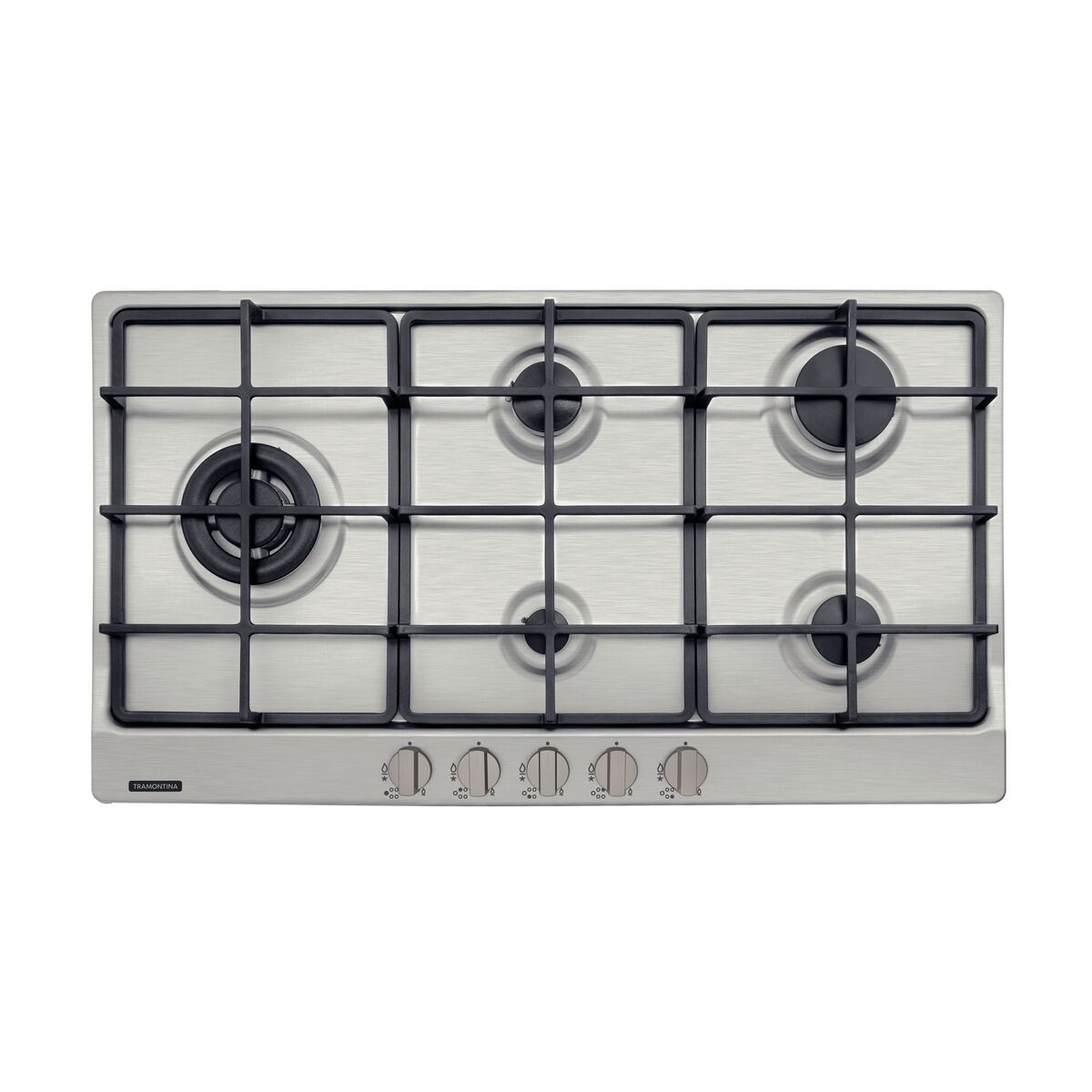 Tramontina stainless steel gas cooktop with 5 burners and cast iron trivets