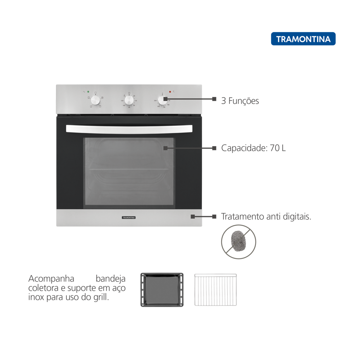 Horno eléctrico Tramontina Basic 60 F3 de acero inoxidable y vidrio  templado negro con 3 funciones, 220 V, 70L. | Tramontina