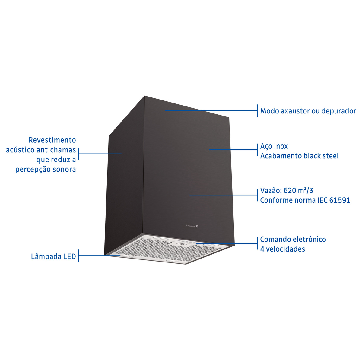 Coifa de Ilha Tramontina Square Isla 40 Silent em A&ccedil;o Inox Black Steel e tratamento anti digitais 40 cm 220 V Cor Preto - SKU 95800037 - 4 image number 3