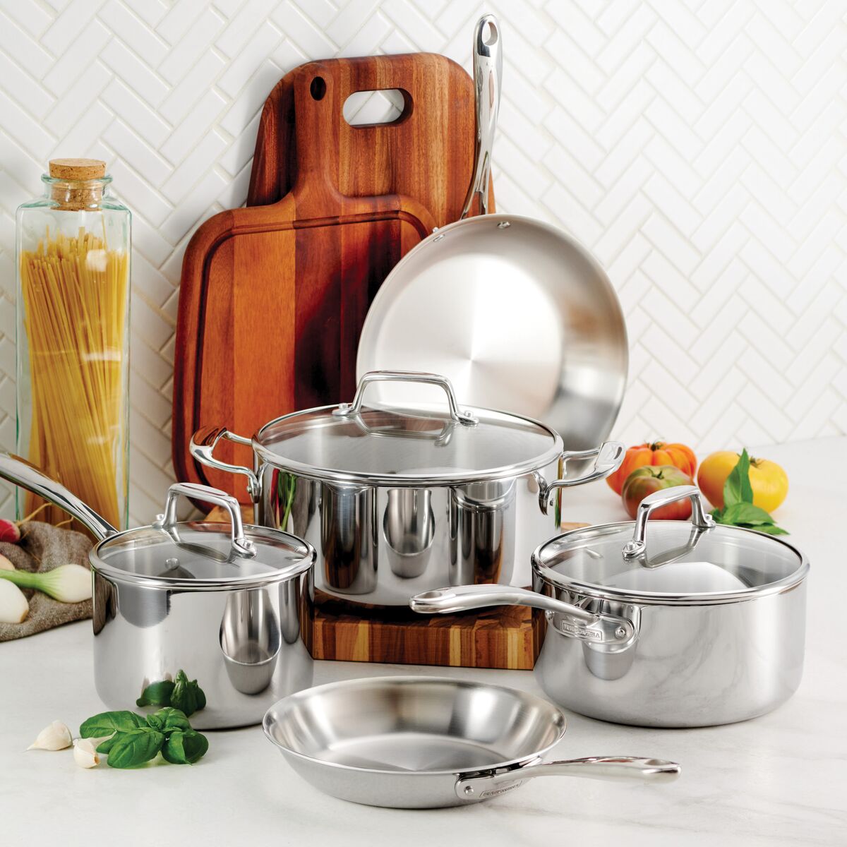Tri-Ply Clad 8 PC Stainless Steel Cookware Set with Glass Lids
