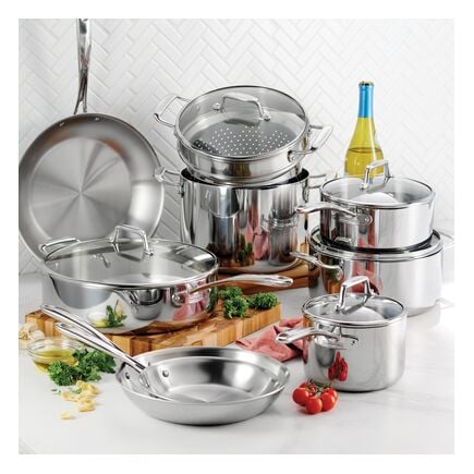 Tri-Ply Clad 14 Pc Stainless Steel Cookware Set with Glass Lids