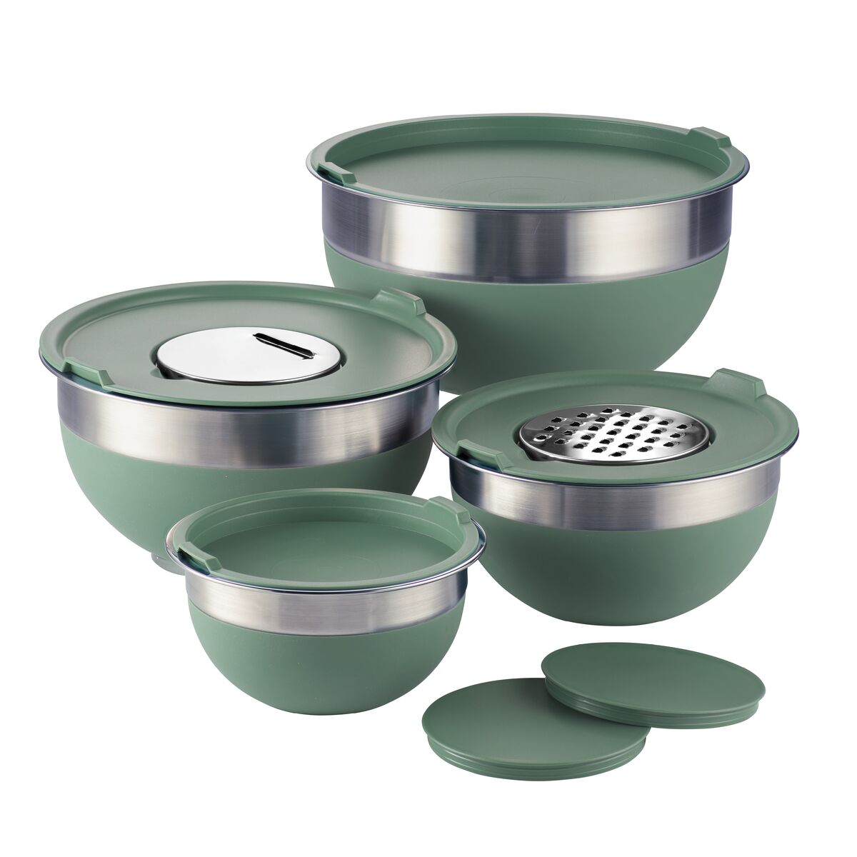 10 PC Covered Stainless Steel and Silicone Mixing Bowl Set with Grating Tools - Sea Salt Green